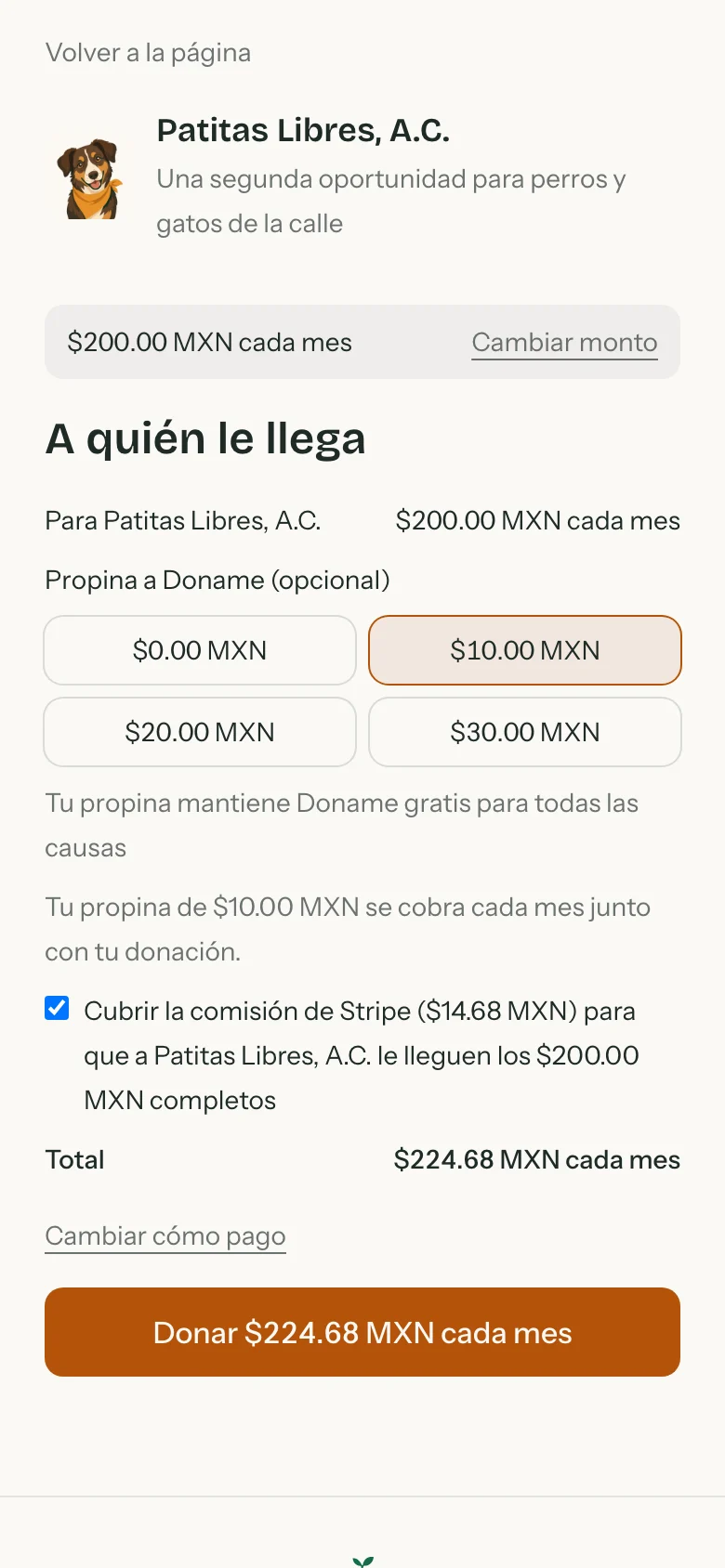 Paso A quién le llega del formulario, con el monto para la causa, la propina, la casilla de cubrir la comisión y el total