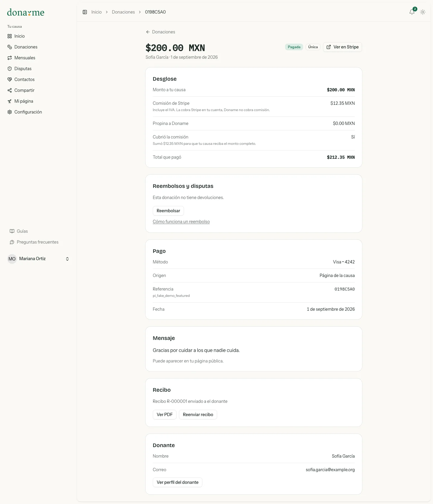 Detalle de una donación con la sección Recibo y los botones Ver PDF y Reenviar recibo