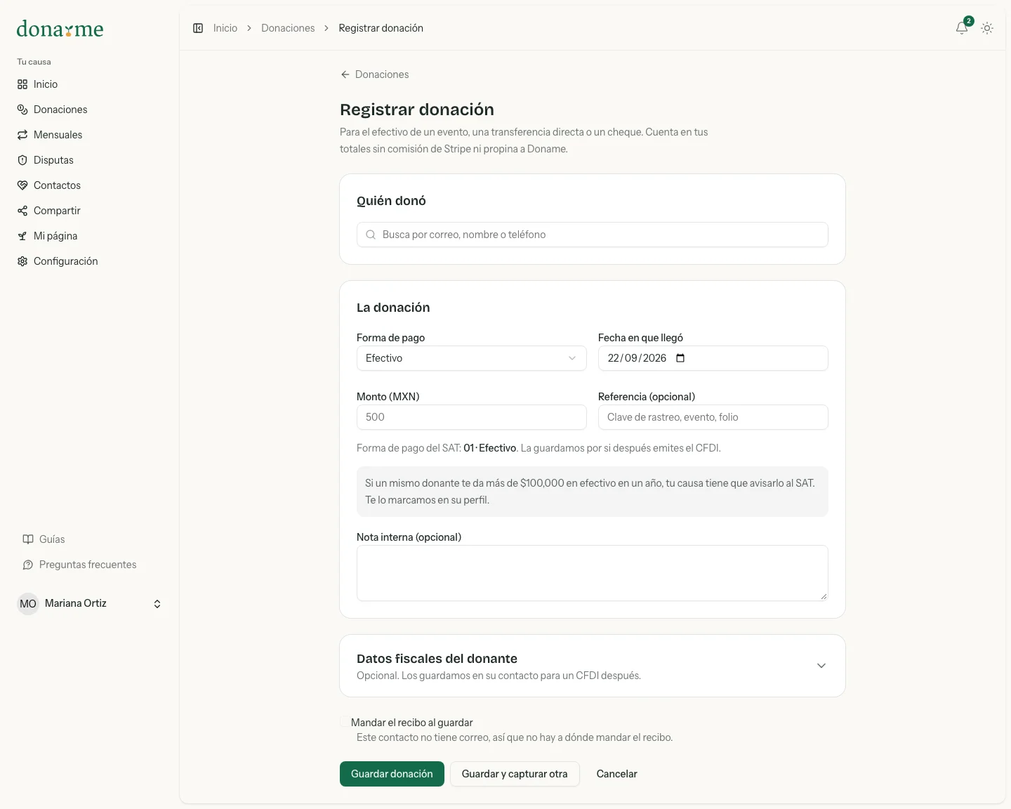 Pantalla Registrar donación con las secciones Quién donó y La donación, la forma de pago, la fecha, el monto y la forma de pago del SAT