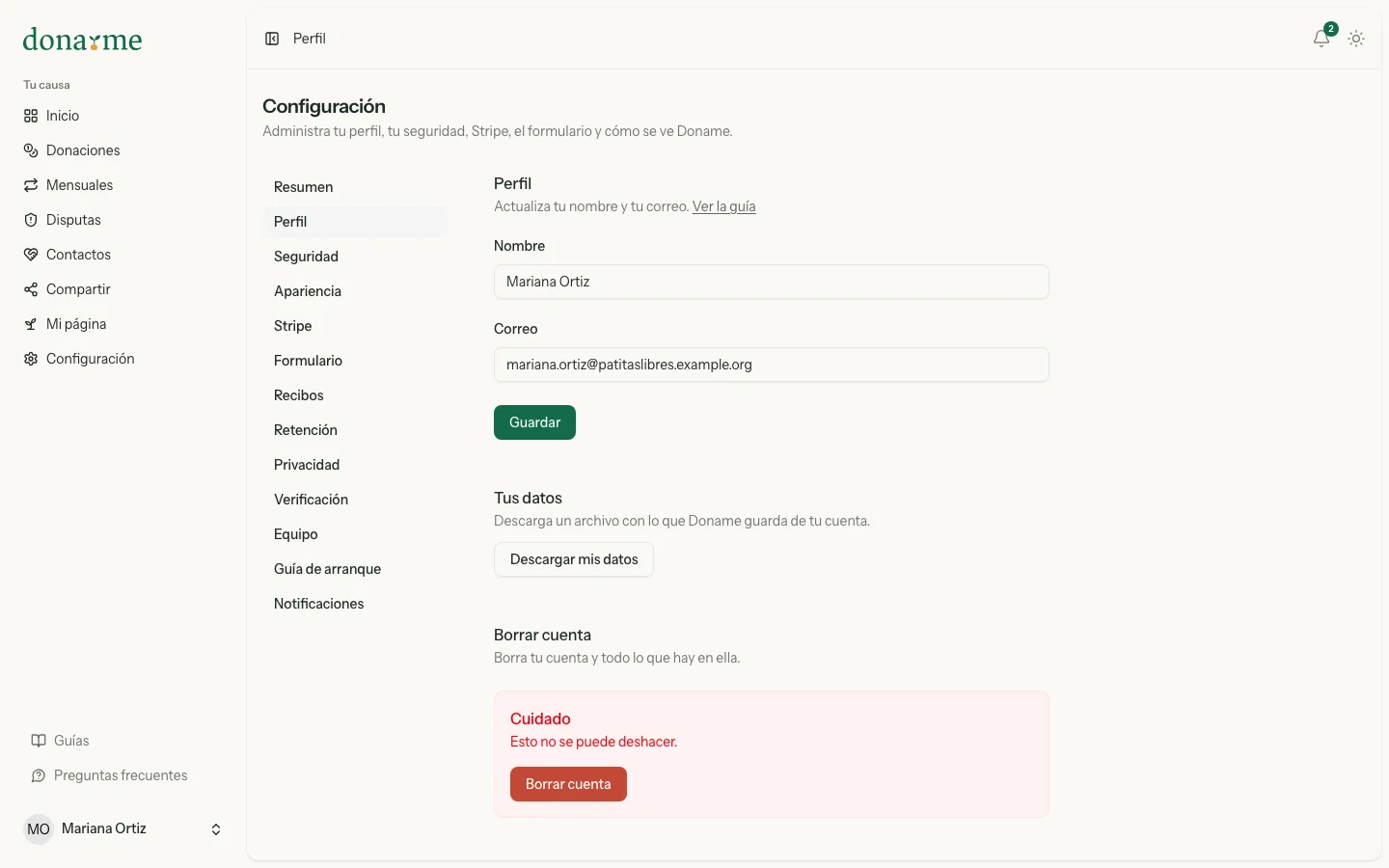 Pantalla Perfil con el nombre, el correo y la opción de borrar cuenta