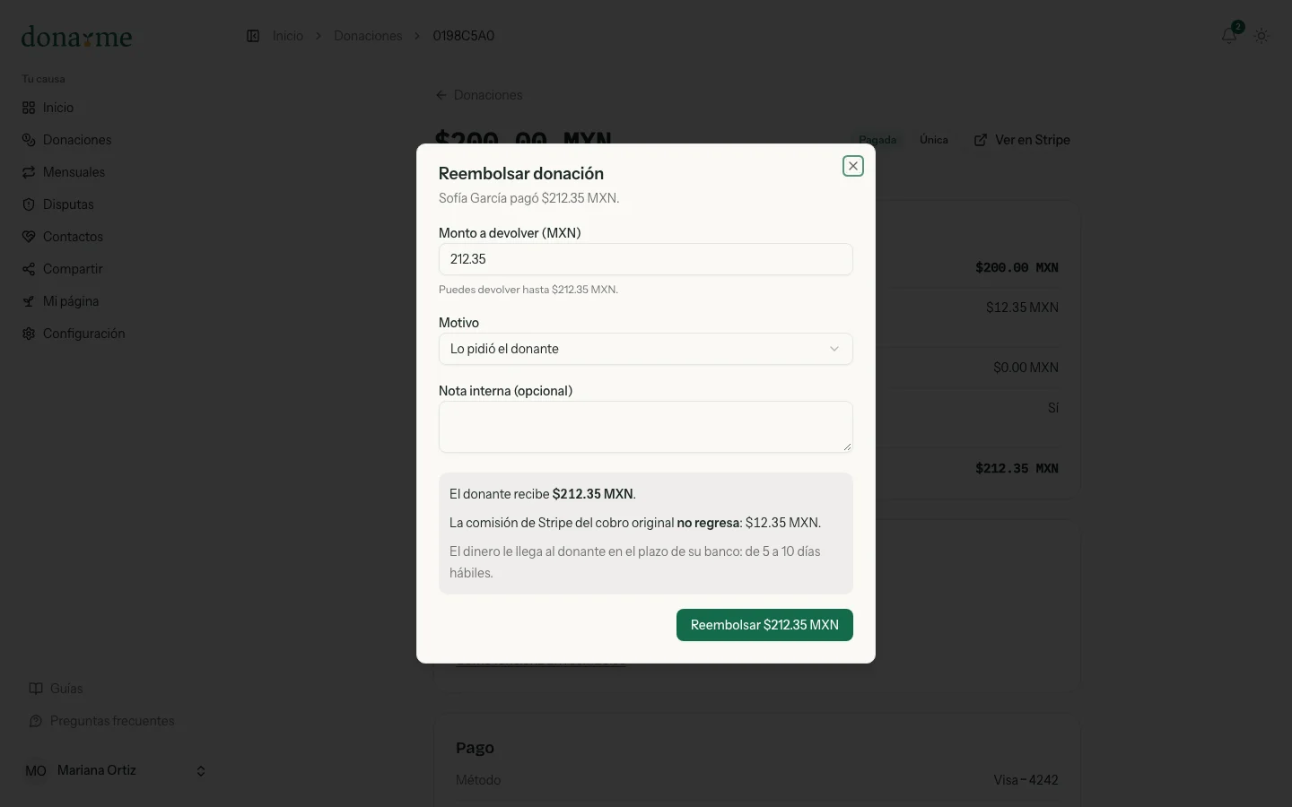Diálogo de reembolso de una donación