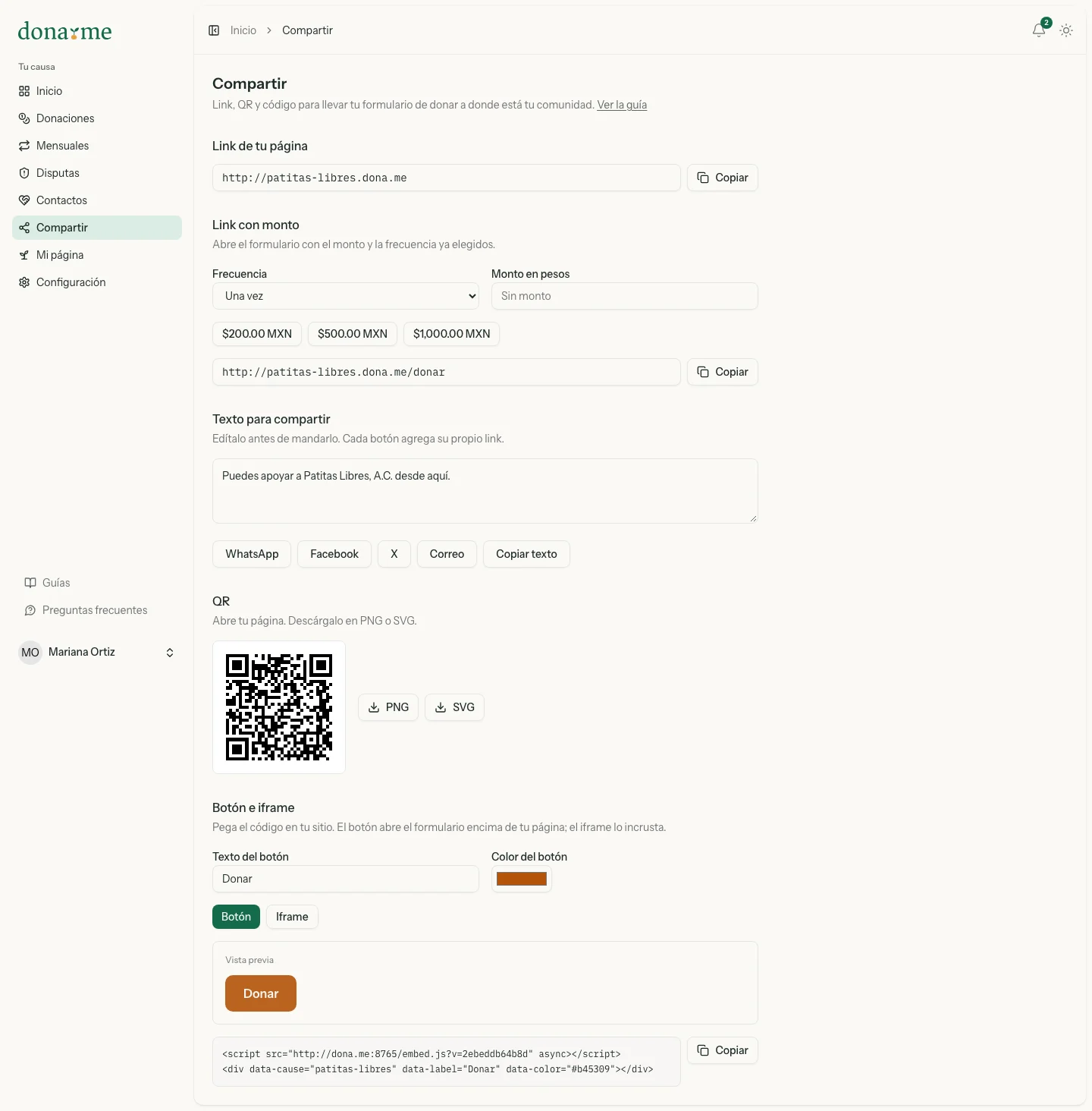 Sección Botón e iframe de Compartir con el texto y el color del botón, la vista previa y el código para copiar