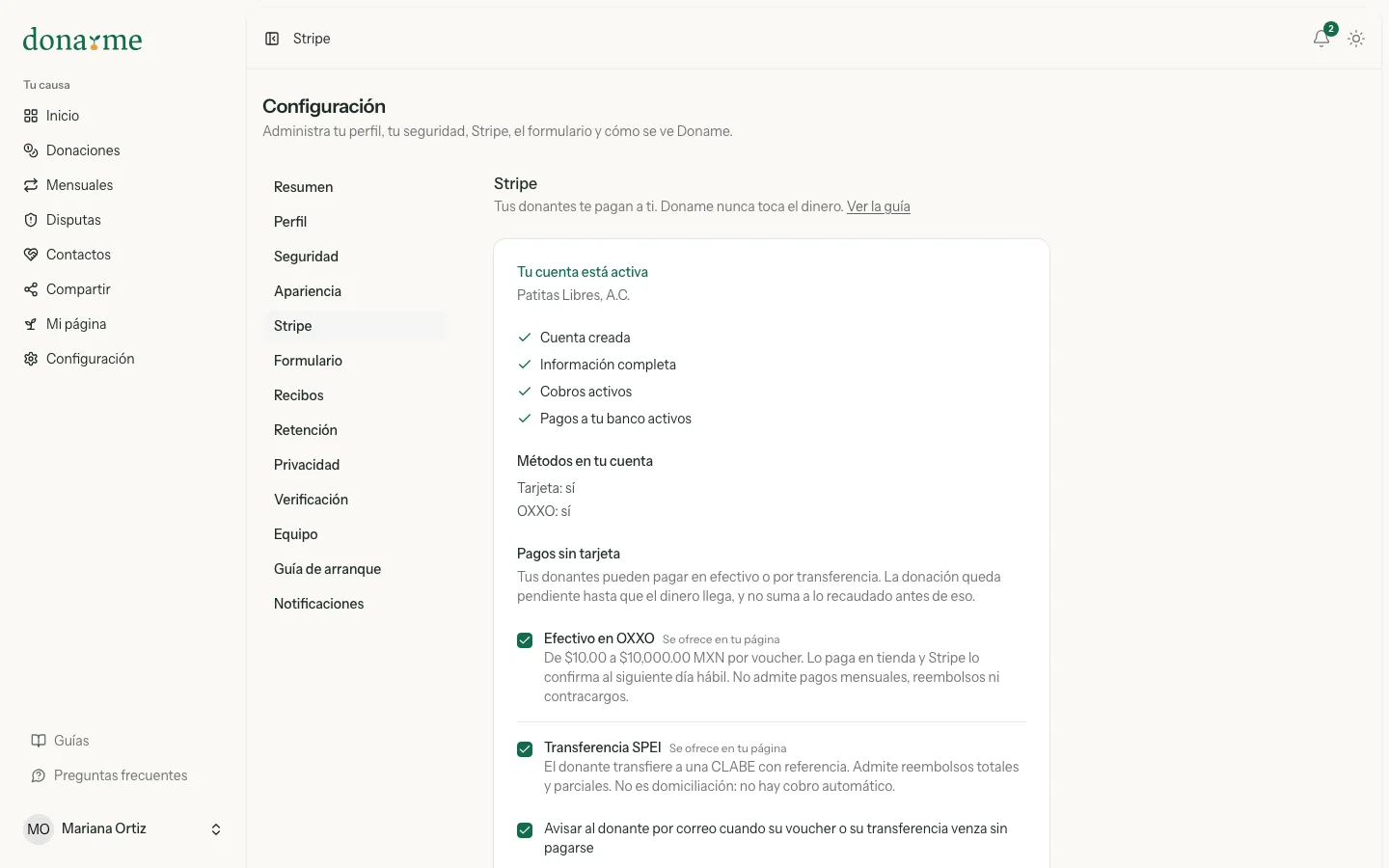 Configuración de Stripe con la cuenta activa y la sección Pagos sin tarjeta