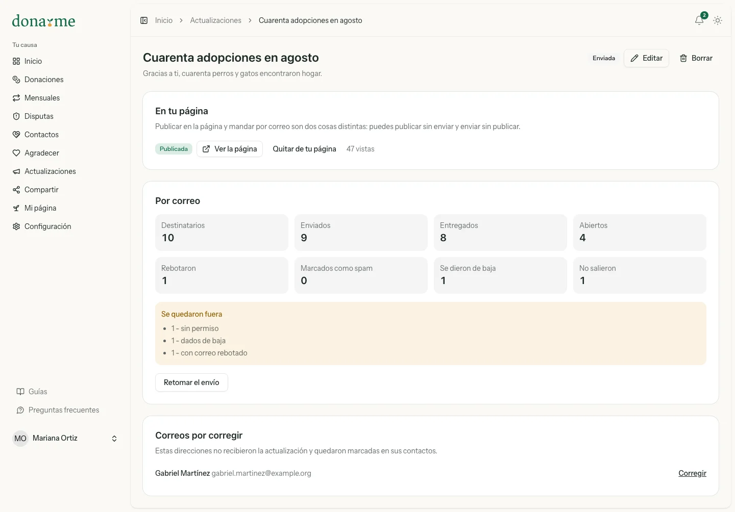 Actualización enviada, con su estado en la página y los números del envío por correo