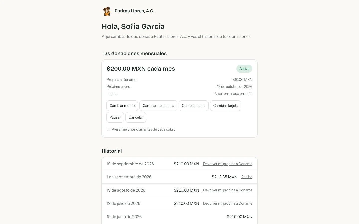 Portal del donante con su donación mensual