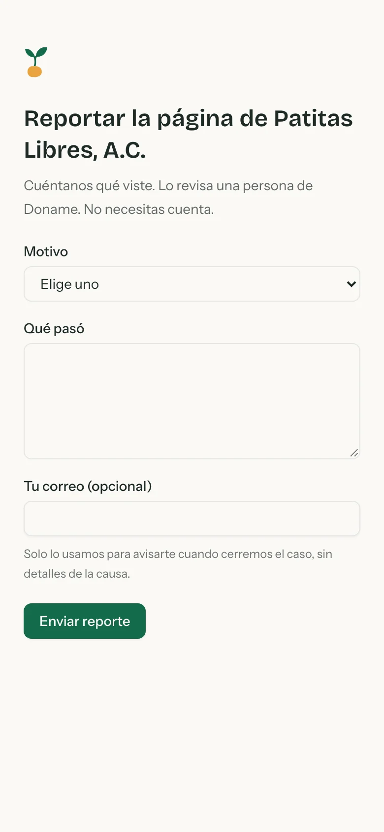 Formulario para reportar la página de una causa, con el motivo, lo que pasó y el correo opcional