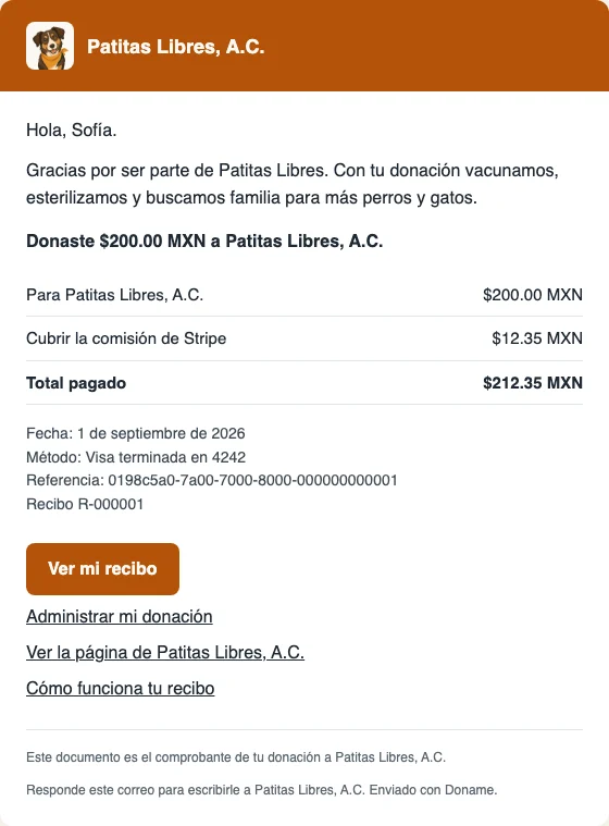 Correo del recibo con el agradecimiento de la causa, el desglose y el botón Ver mi recibo